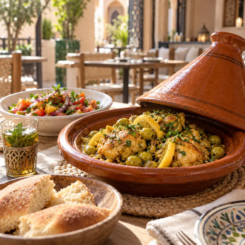 Table avec tajine, salade et thé à la menthe